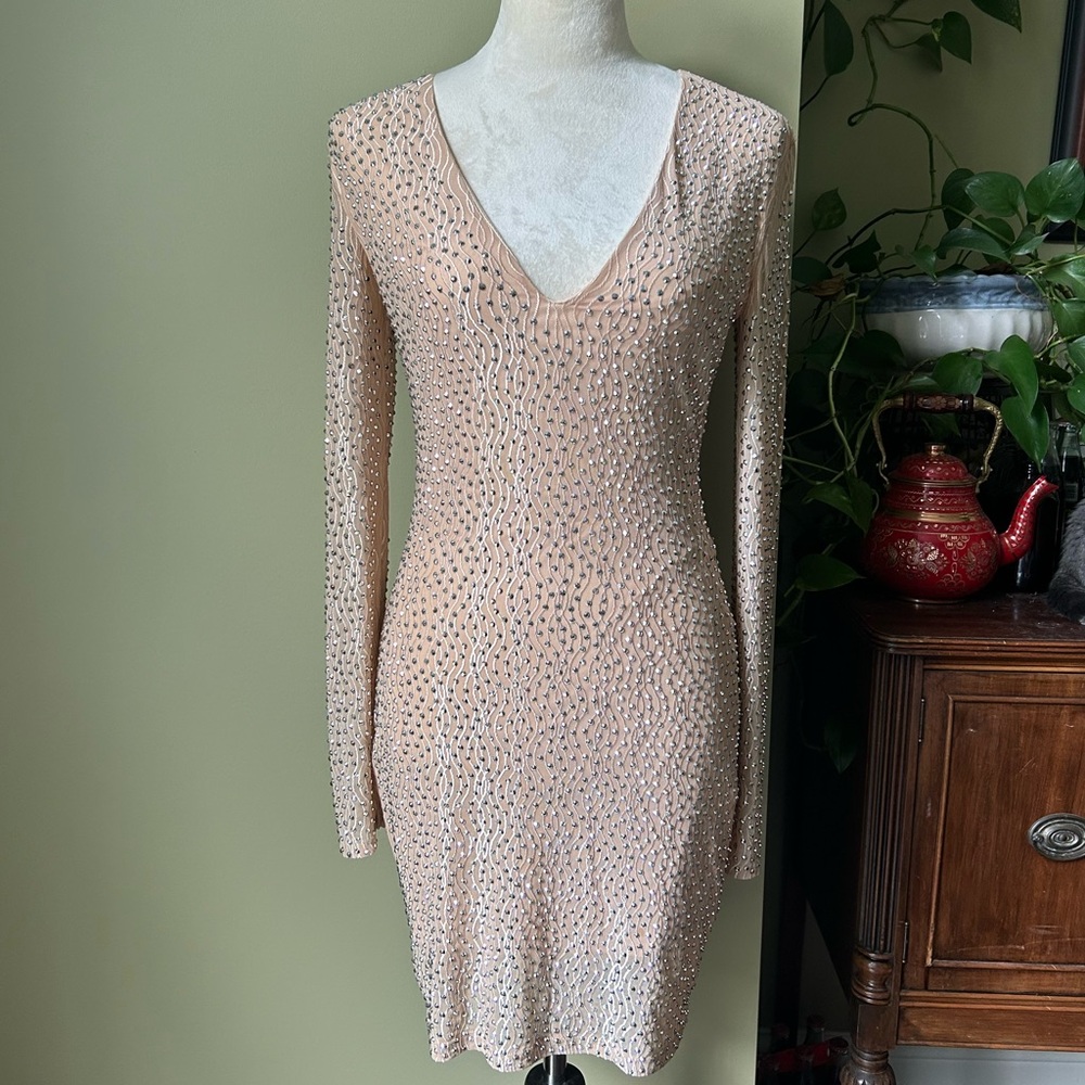 Windsor Champagne Long Sleeve Beaded Bodycon Dress